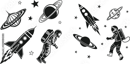 Stylish black and white space illustration with rockets, planets, and astronauts.