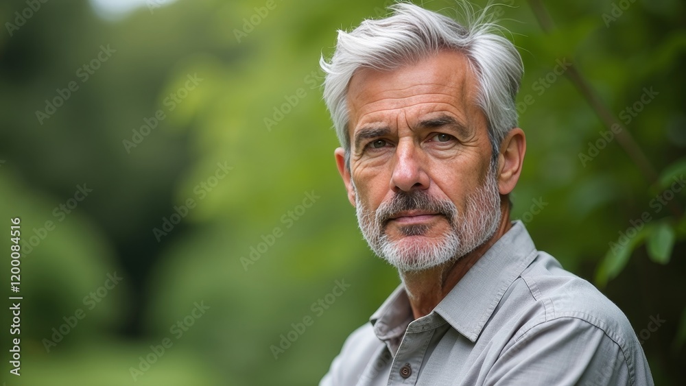 Focused portrait of a mature man with silver hair wearing a linen shirt in a blurred garden scene Focused portrait of a mature man with silver hair wearing a linen shirt in a blurred garden scene