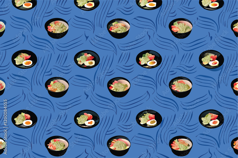 Generate a vibrant and appetizing seamless pattern featuring a variety of fresh salads, with colorful vegetables, fruits, and dressings. Generate a vibrant and appetizing seamless pattern featuring a variety of fresh salads, with colorful vegetables, fruits, and dressings.