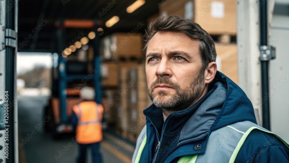 A medium closeup of an operator supervising the loading process with his face focused and serious framed by the moving equipment in the background. A medium closeup of an operator supervising the loading process with his face focused and serious framed by the moving equipment in the background.