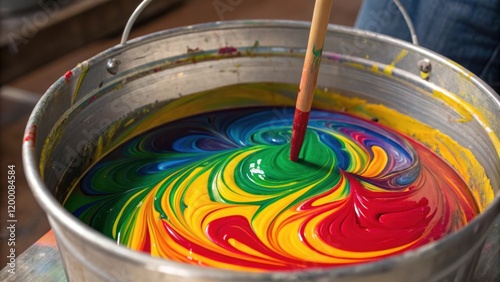 A medium closeup of a paint mixing station with vibrant pigments swirling together in a large bucket highlighting the preparation phase of the coating process. photo