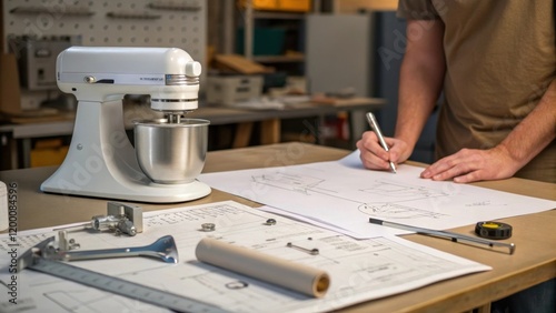 A medium closeup of a person sketching out setup plans on paper while standing next to an unassembled mixer with blueprints tools and parts spread across the workbench. photo