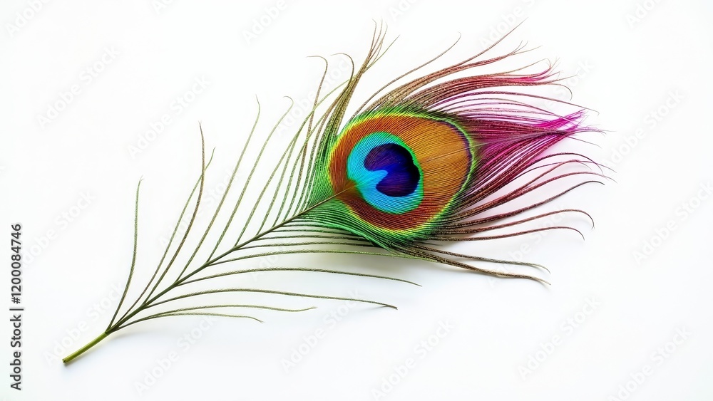 Fototapeta premium Vibrant close-up of a colorful peacock feather on a clean white background, showcasing intricate patterns and vivid colors