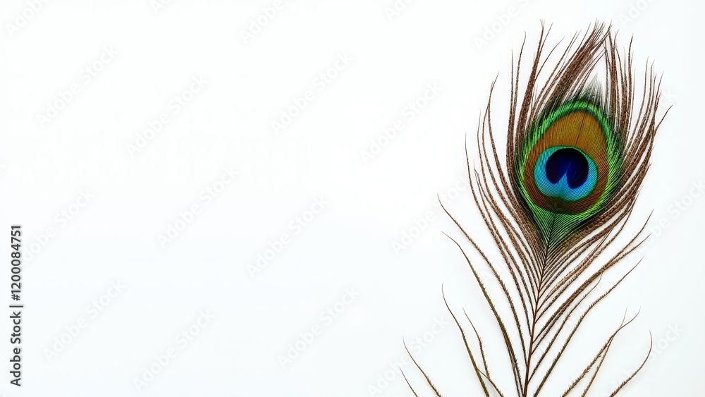 Fototapeta premium Stunning peacock feather with intricate patterns against a bright white background, perfect for artistic use and design