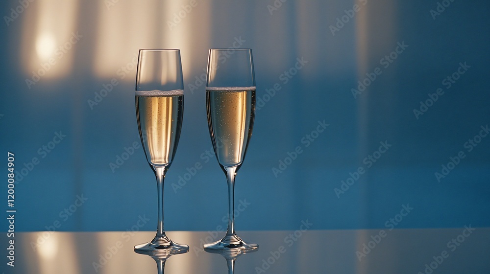 Two champagne flutes filled with sparkling wine, sitting on a reflective surface against a blurred background. Two champagne flutes filled with sparkling wine, sitting on a reflective surface against a blurred background.