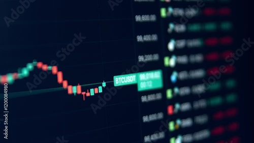 A timelapse video capturing the fluctuating movements of Bitcoin's price on a trading chart, showcasing dynamic market changes and cryptocurrency trends