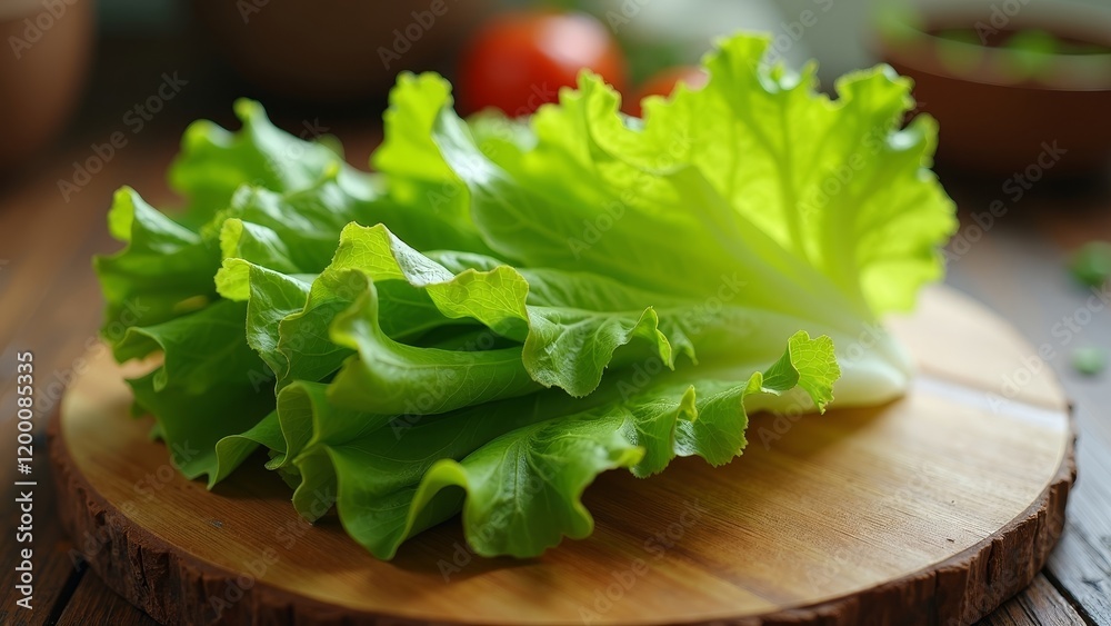 Fresh Crisp Lettuce Leaf on Rustic Wooden Cutting Board with Water Drops Fresh Crisp Lettuce Leaf on Rustic Wooden Cutting Board with Water Drops