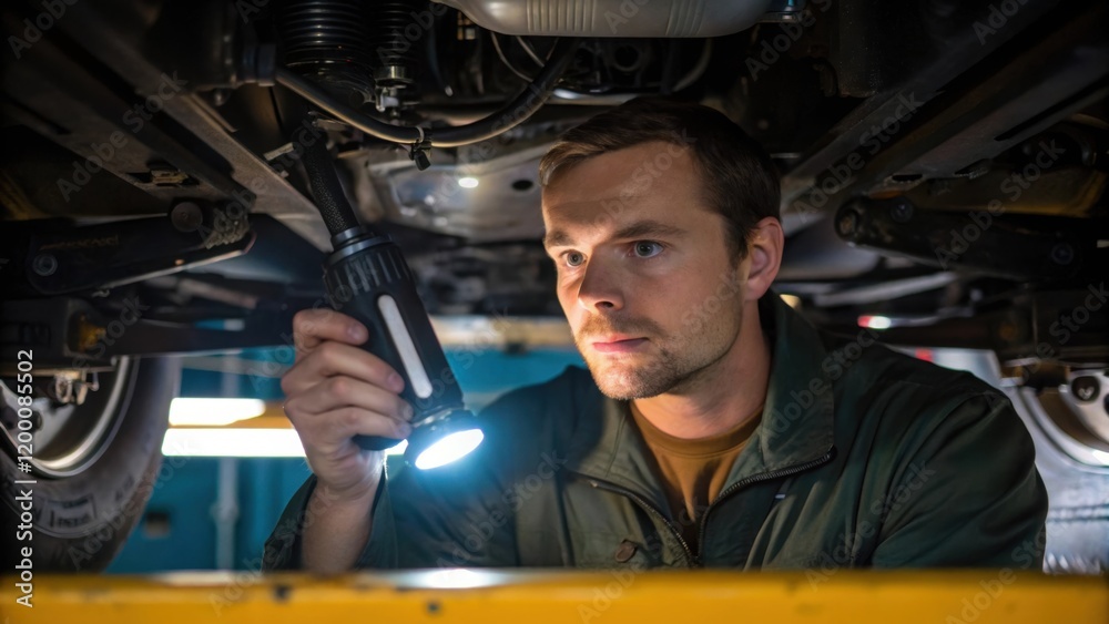 Fototapeta premium A medium closeup of a technician using a portable inspection light to check the underside of a mixer revealing complex mechanical components and the effort involved in maintenance.