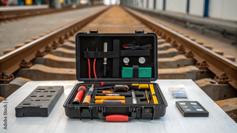 Fototapeta premium A medium closeup of a toolbox filled with various tools and equipment essential for rail signal installation tered across a surface with a partially completed installation in the