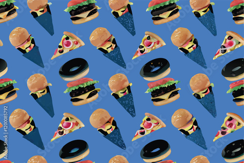 Create a seamless pattern featuring a vibrant and delicious collection of popular foods, including burgers, pizzas, and other mouthwatering treats.