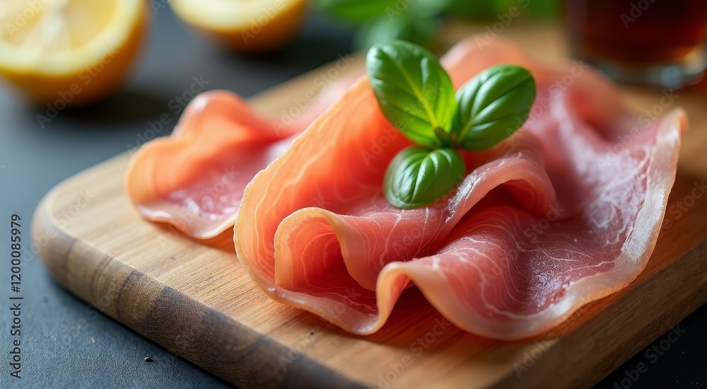 Artistic charcuterie board featuring prosciutto, basil leaves, and a lemon backdrop Artistic charcuterie board featuring prosciutto, basil leaves, and a lemon backdrop