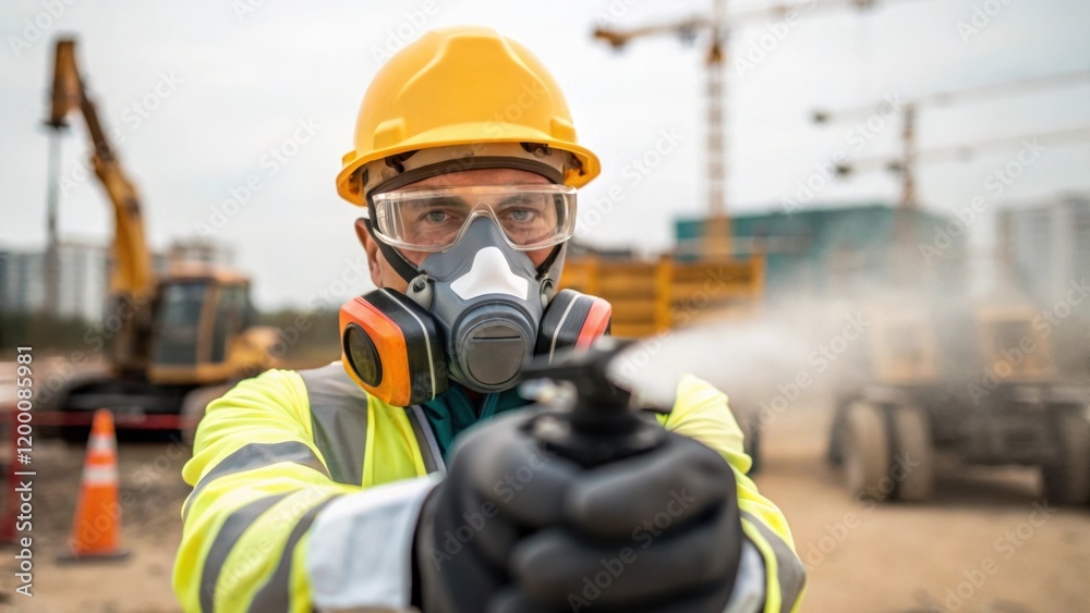 A medium closeup of a worker in protective gear demonstrating the operation of a dust control system with visible construction equipment in the background.