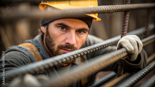 A medium closeup of a worker expertly using a rebar bender capturing the moment of bending steel into shape with intense focus on their expression. photo