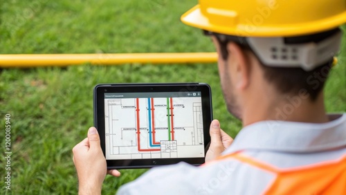 A medium closeup of a worker in a hard hat examining a cable layout on a tablet with marked positions indicating where to lay new fiber optic lines across a grassy area.