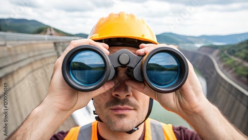 A medium closeup of a worker peering through a pair of binoculars from a high vantage point examining the dams elevation and surrounding terrain. photo