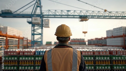 A medium closeup of a worker observing the operation from a distance the cranes massive structure towering behind them with an array of products neatly organized below. photo