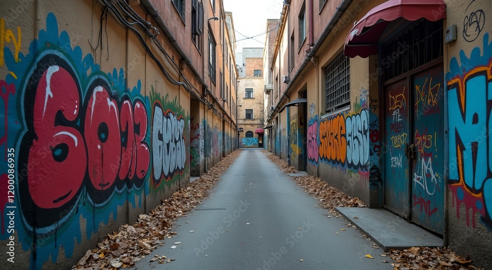 Naklejka premium Vibrant graffiti-covered alleyway reflecting urban art and gritty surroundings