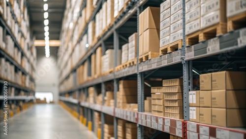 A medium closeup of shelving units filled with neatly organized boxes emphasizing the height and complexity of the multilevel storage system.