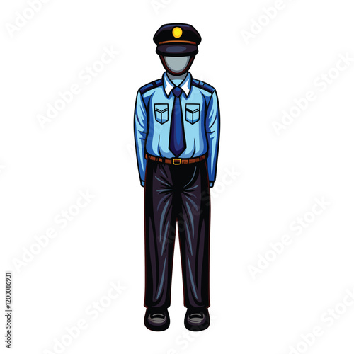 A vector illustration of a security guard uniform, featuring a blue shirt and all the typical elements of a security guard's attire.