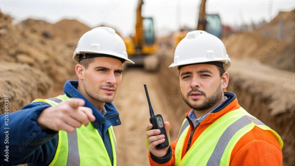 A medium closeup of two workers communicating over radios one pointing towards the trench showcasing teamwork amid the backdrop of large machinery and deep excavations. A medium closeup of two workers communicating over radios one pointing towards the trench showcasing teamwork amid the backdrop of large machinery and deep excavations.