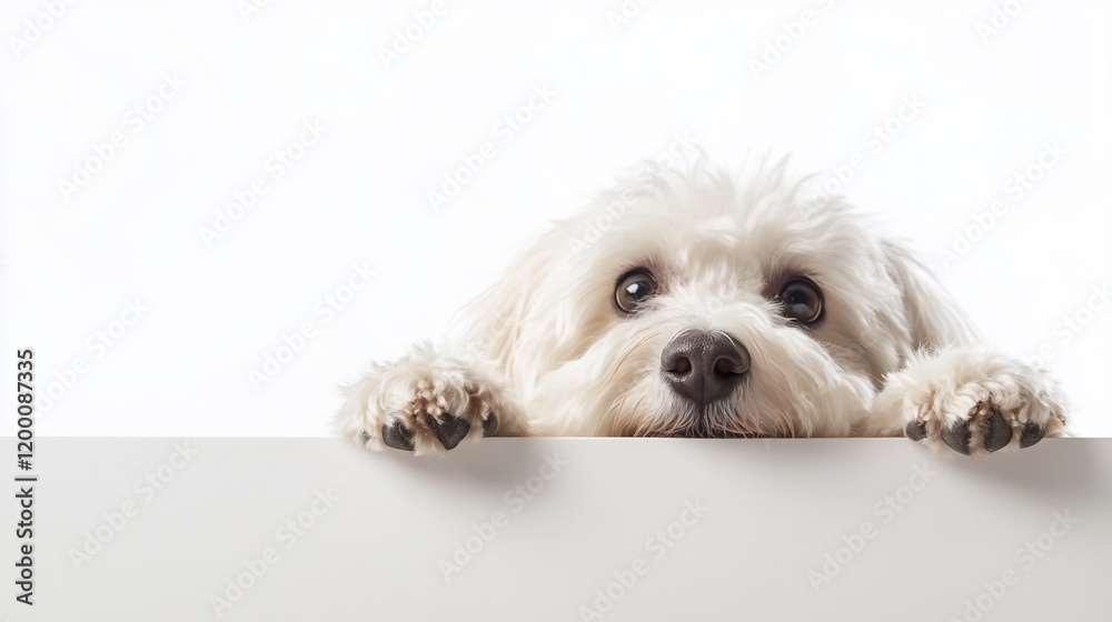Cute fluffy white dog peeking over a white surface. Cute fluffy white dog peeking over a white surface.
