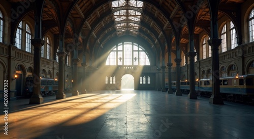 Tranquil train station interior showcasing sunlit architecture with inviting copyspace