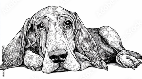 Sad basset hound dog lying down, monochrome sketch. photo