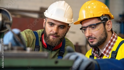 A medium closeup of two workers discussing machinery operation photo