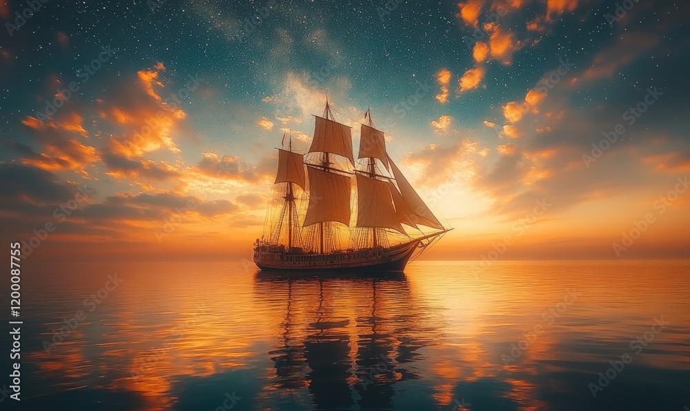 Obraz premium Sunset sailboat, starry sky, calm sea.
