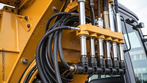 A medium closeup shot of the hydraulic system of the excavator showcasing the intricate network of tubes and pistons that power the arms movement.