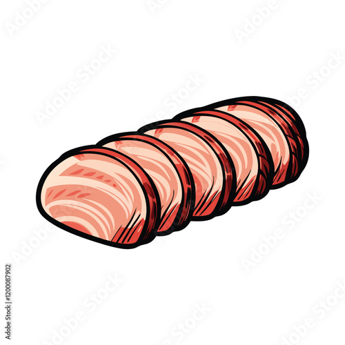 Create a vector illustration of sliced pork loin, showing the meat's texture and color in a realistic style.