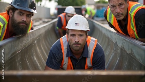 A medium closeup showing a crew guiding a large stormwater basin into position with facial expressions indicating teamwork and focus on alignment.
