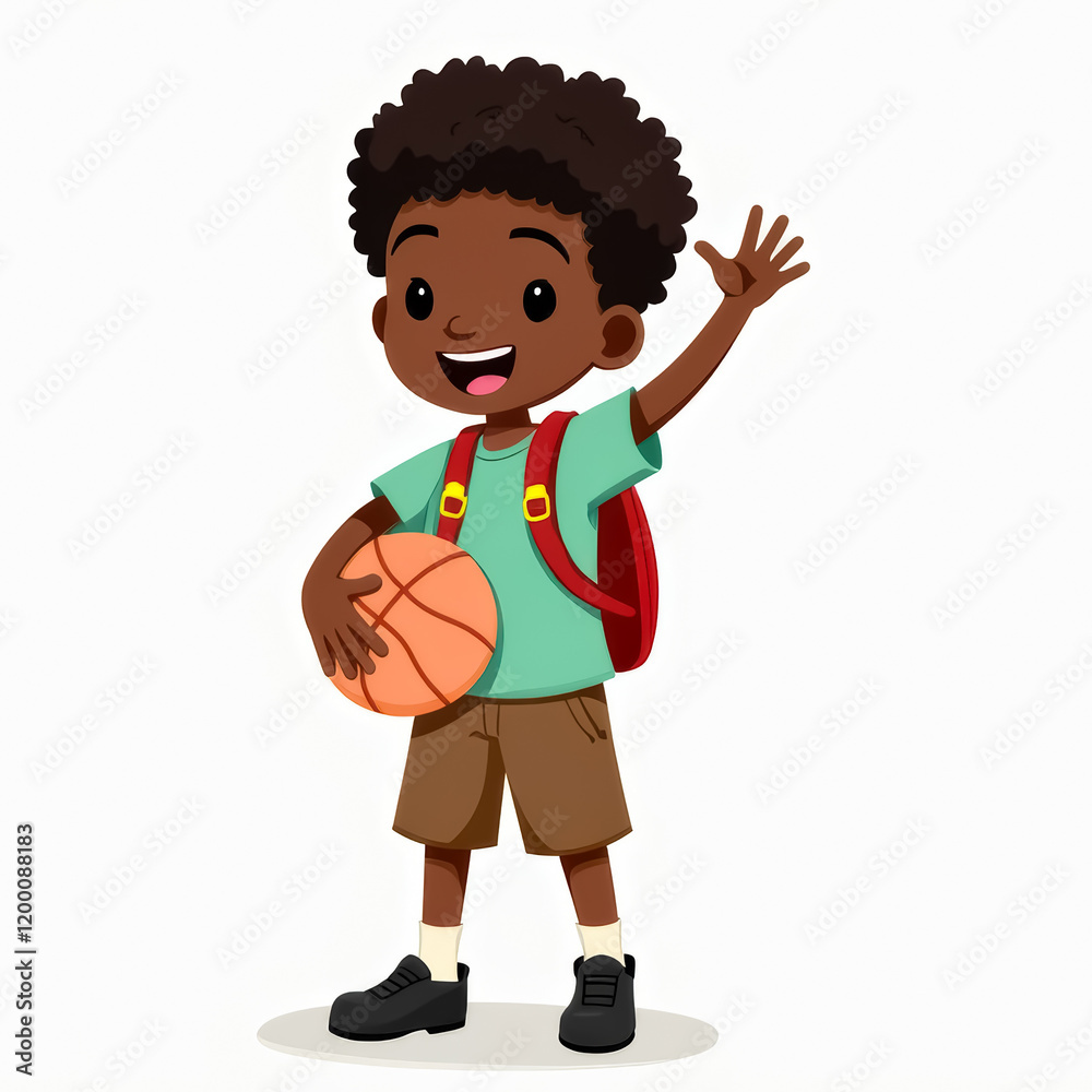 cheerful young boy with dark brown curly hair holds a basketball and waves wearing a backpack cheerful young boy with dark brown curly hair holds a basketball and waves wearing a backpack