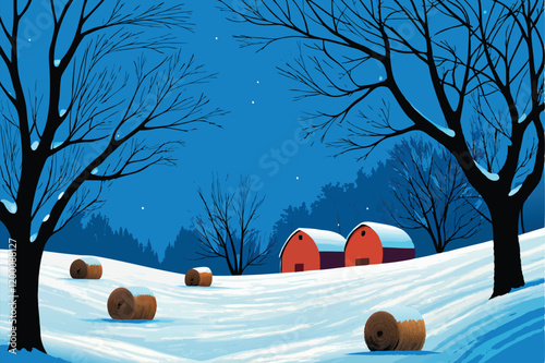 A picturesque winter scene with a vast, snow-covered field dotted with charming red barns and neatly stacked hay bales.