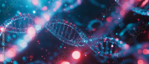 Holographic DNA strand rotates, revealing intricate structure with vibrant colors and light photo