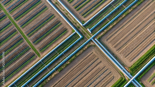 An aerial closeup of an intricate grid of irrigation channels and tubing sprawled across an agricultural field showing the extent of the installation from above.
