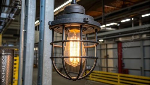 An energyefficient bulb glowing inside a heavyduty fixture surrounded by a protective cage illustrating durability and practicality for industrial settings.