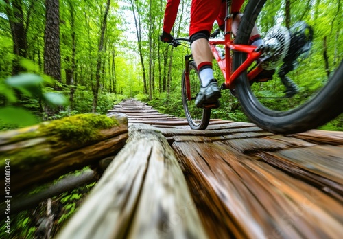 A mountain biker wearing red and white gear is riding on an old wooden log bridge in the forest, with green trees around them Generative AI photo