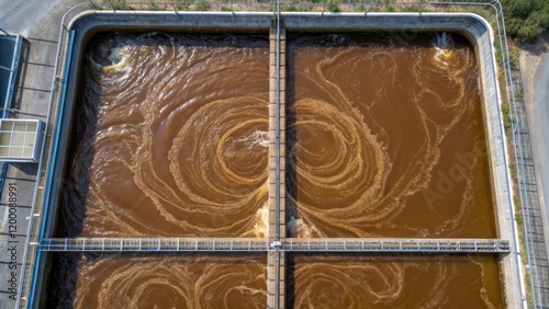 An overhead view of a sedimentation tank filled with swirling brown sludge with a focus on the settling layers and the clear water above.