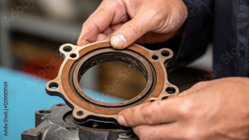 A technicians hands removing an old gasket from the pumps casing with the focus on the worn material and the careful handling of the fragile components. photo
