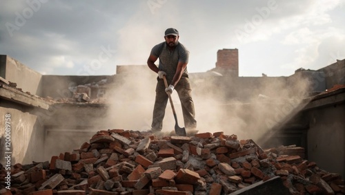 A worker atop a pile of debris using a crowbar to pry apart sections of a wall with dust swirling around him highlighting the laborintensive nature of demolition.