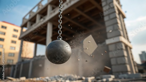 A wrecking ball suspended in midswing with a blurred background of a partially demolished building creating a sense of motion and destruction. photo