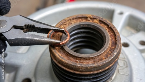 Closeup of a component being rep like a wornout Oring from an air compressor with a pair of pliers gripping the old part ready for installation. photo