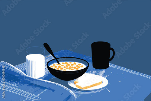 Create a stylized vector illustration of a breakfast scene featuring a bowl of cereal with milk, a spoon, and other breakfast staples like fruit and toast.