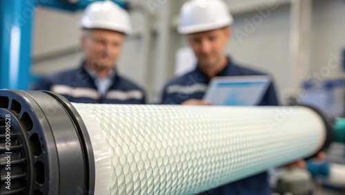 Closeup of a hightech reverse osmosis membrane its surface textured and intricate surrounded by engineers in the background discussing specifications with digital tablets. photo