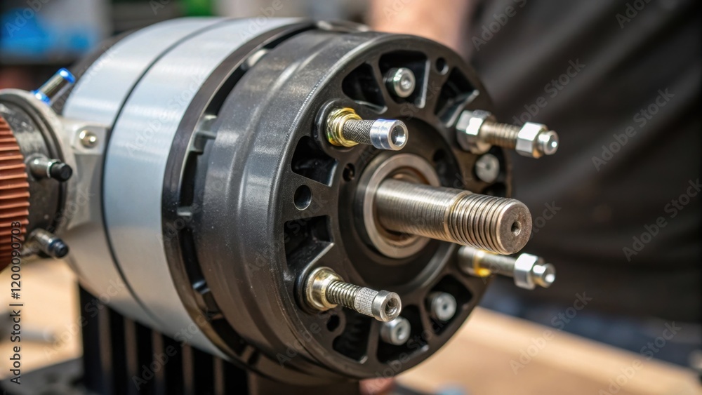 Closeup of an energyefficient motor being secured into place focusing on the bolts and the precision of the installation process. Closeup of an energyefficient motor being secured into place focusing on the bolts and the precision of the installation process.