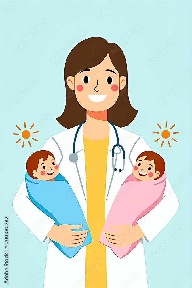 smiling pediatrician gently holding two adorable newborns wrapped in blankets smiling pediatrician gently holding two adorable newborns wrapped in blankets