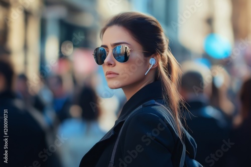 Female bodyguard with sunglasses and an earpiece scanning the crowd in a bustling urban setting.