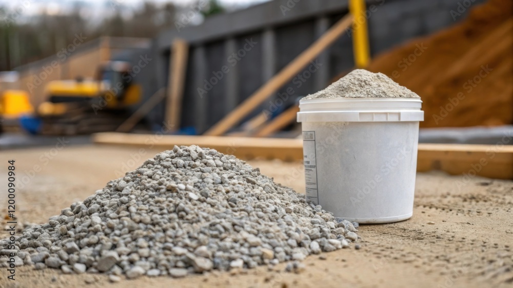 Closeup of a small bucket of concrete additives p nearby emphasizing the materials used to enhance the mix with bits of gravel tered around the site. Closeup of a small bucket of concrete additives p nearby emphasizing the materials used to enhance the mix with bits of gravel tered around the site.