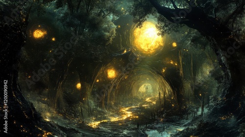 The metaverse imagined as a glowing network of interconnected portals leading to different worlds, fantasy style